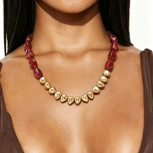 Retro Geometric Blooming Resin Beaded Necklace For Women Irregular Color Block Chunky Alloy Choker Necklace Daily Jewelry