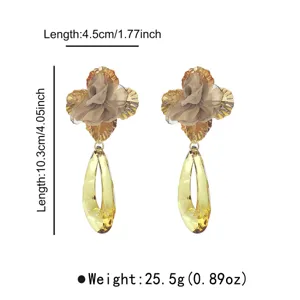 Elegant fabric flower and yellow acrylic teardrop earrings, stylish resort fashion jewelry.