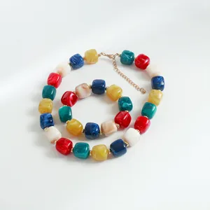 Close-up detail of colorful acrylic geometric beaded necklace bracelet, versatile fashion jewelry.