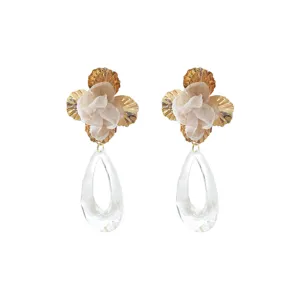 Gold flower and clear acrylic teardrop dangle earrings detail shot, stylish fabric floral jewelry.