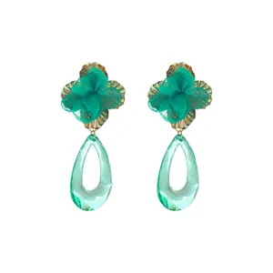 Green fabric flower and crystal teardrop dangle earrings for women fashion jewelry.