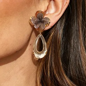 Fashion acrylic fabric flower drop earrings with elegant teardrop pendant for women styling.