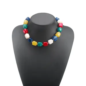 Colorful acrylic chunky bead statement necklace for women bohemian fashion jewelry accessory.
