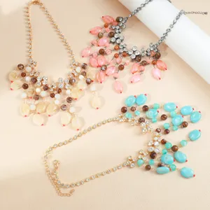 Trendy dopamine rhinestone claw chain natural stone tassel pendant necklace for women stylish