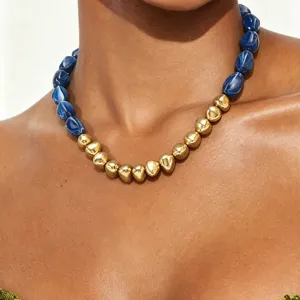 Vintage marbled resin and gold bead necklace geometric clavicle chain fashion jewelry