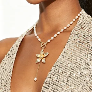 Pearl frangipani pendant necklace with OT buckle, sweet and cool style fashion jewelry.