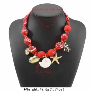 Rote Stoffperlen Halskette mit Muschel und Seestern Anhänger Damen Sommer Ozean Stil