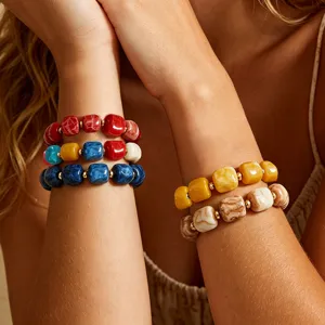 Bohemian colorful acrylic chunky beaded bracelet set stylish layered wrist jewelry for women