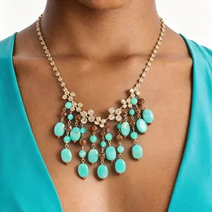 Dopamine turquoise stone tassel choker necklace for women trend statement jewelry accessory
