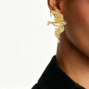 Französische Perlen fliegender Vogel Gold Ohrringe, elegante Mode Statement Ohrschmuck.