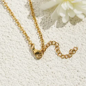 Close-up van een gouden roestvrijstalen O-ketting met verlengketting en karabijnsluiting.