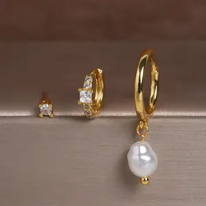 Vergulde messing kubieke zirkonia en barok parel oorbellen set voor dames sieraden.