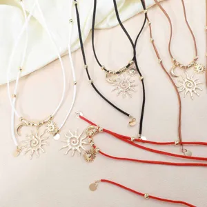 Collar largo con colgante de luna sol estilo bohemio cordón de franela ajustable detalle