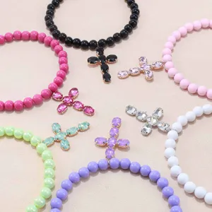 Collana con croce di cristallo perle colorate catena clavicola gioielli donna moda