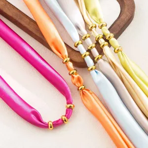 Colorful fabric ribbon necklace with gold metal rings chic versatile clavicle chain jewelry