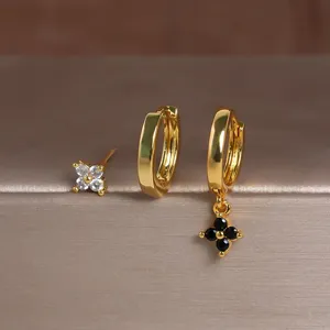 3-Delige Messing Strass Klaver Oorbellen Set Voor Dames 18K Goud Zilver Verguld Geometrische Oorknopjes Sieraden