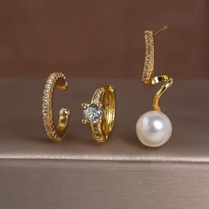 Vergulde kristal en parel oorbellen set, driedelige minimalistische mode sieraden.