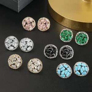 Koper Ingelegde Zirconia Ronde Oorknopjes Voor Vrouwen 18K Verguld Geometrische Baguette Zirconia Oorbellen Sieraden Cadeau