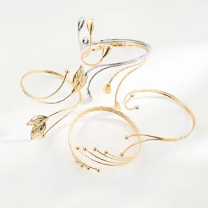 Punk style metal open arm cuff set, geometric leaf and multi strand design for women.