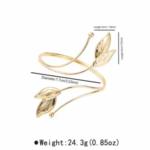 Gold geometric leaf open arm cuff bracelet for women, stylish punk metal upper arm jewelry.