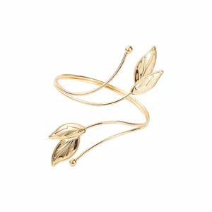 Gold metal open arm cuff with leaf and ball decor chic punk style upper arm bracelet jewelry