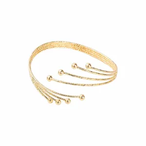 Gold open arm bracelet for women, multi-strand metal wire design with chic ball ends.