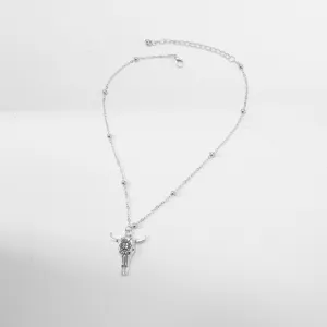 Vintage Western cowboy style silver metal bull skull pendant necklace with delicate beaded chain.