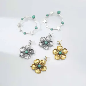 Vintage bohemian turquoise star and flower drop earrings set detail view for women jewelry
