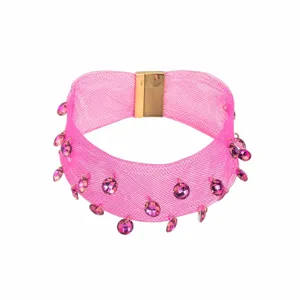 Pink mesh choker necklace with sparkly crystal pendants and gold magnetic clasp for women fashion.