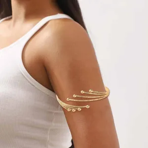Gold multi-strand upper arm cuff bracelet for women, punk style geometric open arm ring