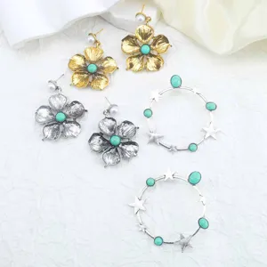 Vintage turquoise flower star earrings detailed view showing intricate design and metal texture.