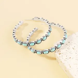 Vintage silver turquoise hoop earrings boho western style statement jewelry for women