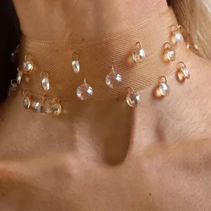 Exaggerated crystal mesh choker necklace for women, sparkling rhinestone drop collar jewelry.