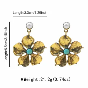 Vintage retro style flower earrings with pearls and turquoise center for women fashion jewelry