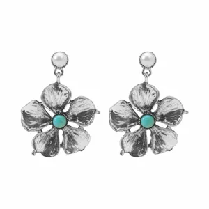 Vintage silver flower drop earrings with white pearl studs and turquoise center chic boho jewelry
