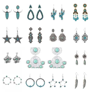 Retro Western Cowboy Style Alloy Artificial Turquoise Pendant Necklace Earrings Set Bohemian Distressed Bull Head Cactus Jewelry For Women