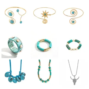 Boho Turquoise Pendant Necklace Bracelet Set Vintage Gold Tone Jewelry Collection