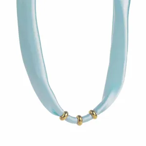 Light blue fabric ribbon necklace with three gold metal beads, chic minimalist clavicle chain.
