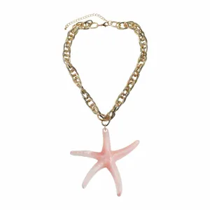 Gold thick chain necklace with large pink resin starfish pendant beach vacation ocean style