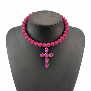 Primavera estate nuova collana perle rosa ciondolo croce cristallo catena clavicola donna gioielli