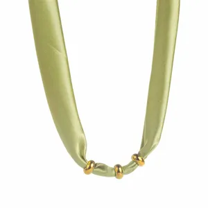 Green fabric silk scarf necklace with three gold metal rings, elegant clavicle chain for women.
