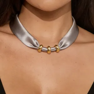 Niche Design Fabric Satin Scarf Necklace For Women Stainless Steel Metal Loops Elegant Commute Solid Color Choker Geometric Collar Jewelry Gift