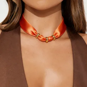 Orange satin choker necklace with gold metal rings for women trendy elegant clavicle chain