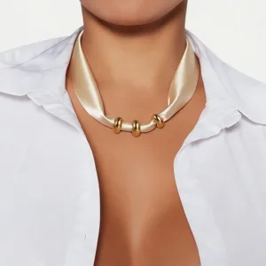 Chic satin fabric ribbon necklace with gold metal rings elegant choker for women fashion jewelry