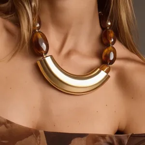 Vintage Geometric Resin Beaded Necklace Exaggerated Fashion Statement Chunky Collar Choker Lock Bone Chain Jewelry For Women