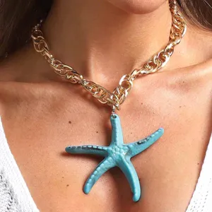 Fashion resin starfish pendant necklace with gold chunky chain for beach vacation style.