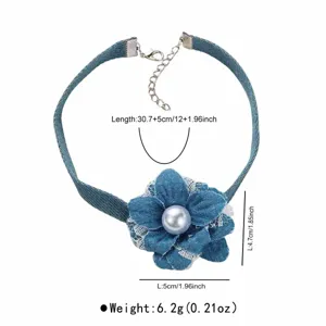 Denim flower choker necklace detail showing dimensions, flower size and weight.