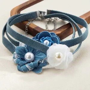 Exquisite denim fabric flower choker necklace with multi-layer straps, lace and pearl details.