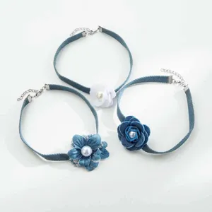 Denim fabric flower choker necklace set with elegant pearl accents for women and girls.