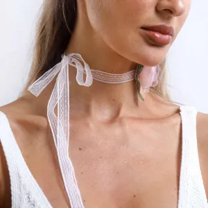 Witte mesh lint bloem choker ketting, zoete kanten halsketting accessoire voor dames.